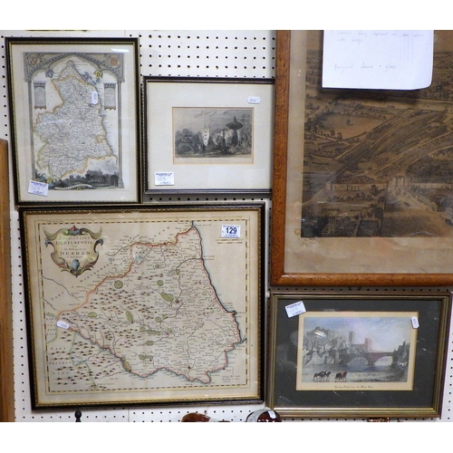 129 - A Framed Rob Morden map of Durham 50 x 43cm together with a modern print and two further prints