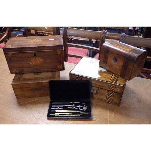 151 - A Victorian inlaid sewing box together with a Mahogany tea caddy, two further inlaid boxes and a dra... 