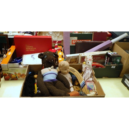 164 - Three boxes of vintage toys, games etc to include a Japanese bobble head doll etc (3).