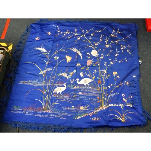 170 - A Oriental blue silk embroidered panel 140cm sq.