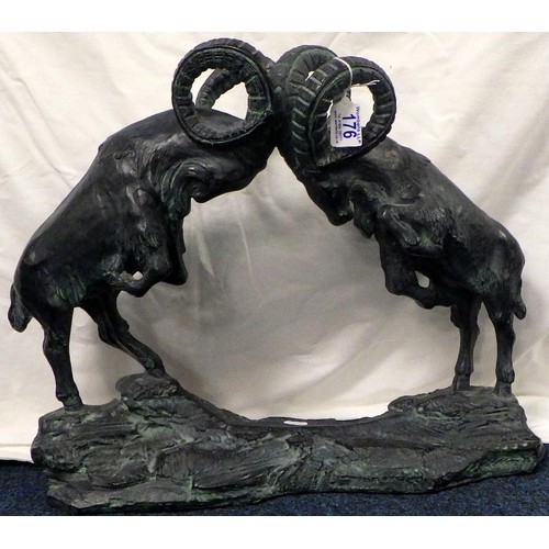 176 - Austin Sculpture Fighting Rams 44cm tall.