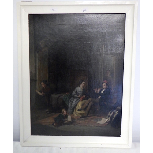 54 - A Victorian interior scene depicting a family in a drawing room, oil on canvas indistinctly signed F... 