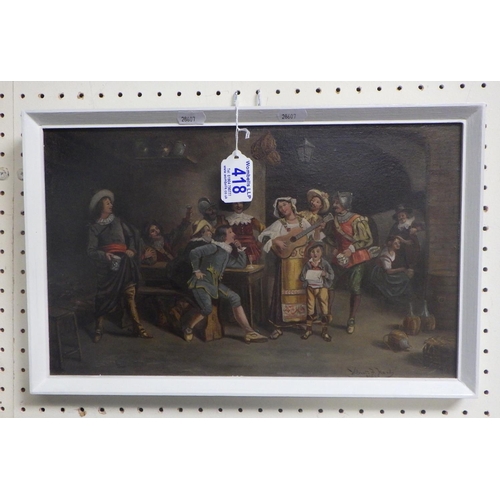 55 - A tavern scene depicting 17th century style characters, painting on board bearing signature Wilmot F... 