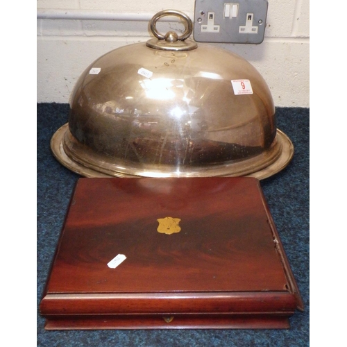 9 - A large silver plated dome cover and plate together with a mahogany cased cutlery set af.