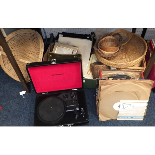 46 - A large qty of misc to include turn table, misc ceramics, binoculars, baskets, frames, brass lamp, e... 