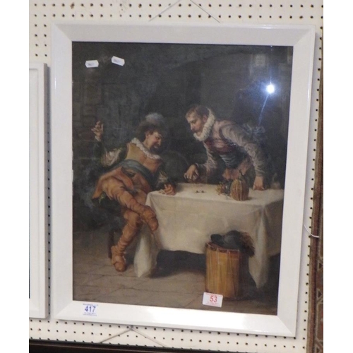 53 - Playing dice, an interior scene depicting two 17th cent style characters, oil on canvas bearing sign... 