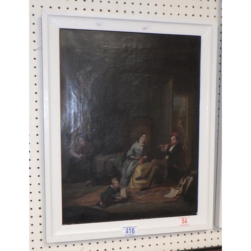 54 - A Victorian interior scene depicting a family in a drawing room, oil on canvas indistinctly signed F... 