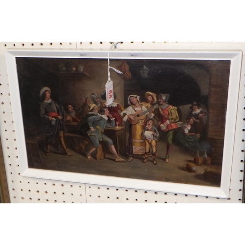 55 - A tavern scene depicting 17th century style characters, painting on board bearing signature Wilmot F... 