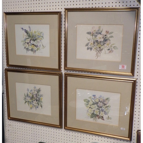 59 - Four M W Cottee floral water colours 43 x 37cm.