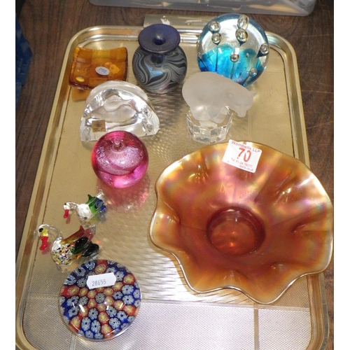 70 - A small group of misc glass to include Okra vase, Goebel polar bear, further paperweights etc.