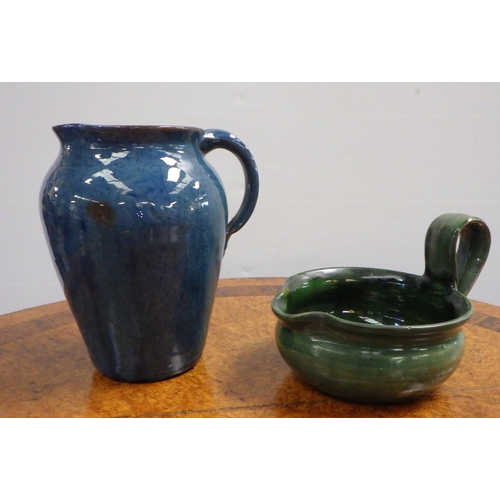 546 - Braunton 1914. glazed blue jug 15cm tall, a stylised jug 10cm together a Grays Pottery silver Jubile... 