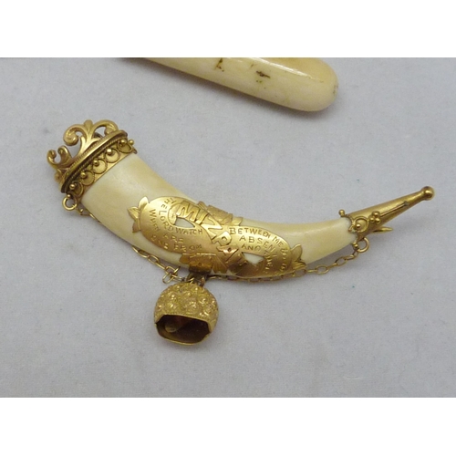 355 - A Mizpah brooch, yellow metal and carved ivory, late Victorian; European carved ivory and bone jewel... 