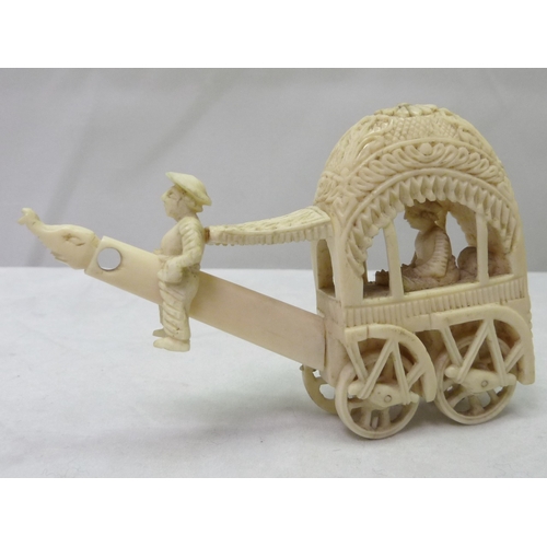 383 - An Indian carriage group, carved ivory c1900, a/f incomplete; a Chinese plaque brooch; a miniature c... 