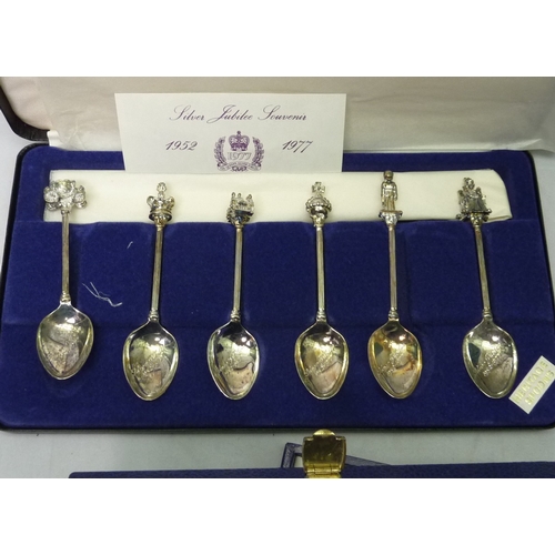 396 - Silver Jubilee commemoratives: a  silver spoon, 152mm long; a silver armorial dish, 100mm diameter; ... 