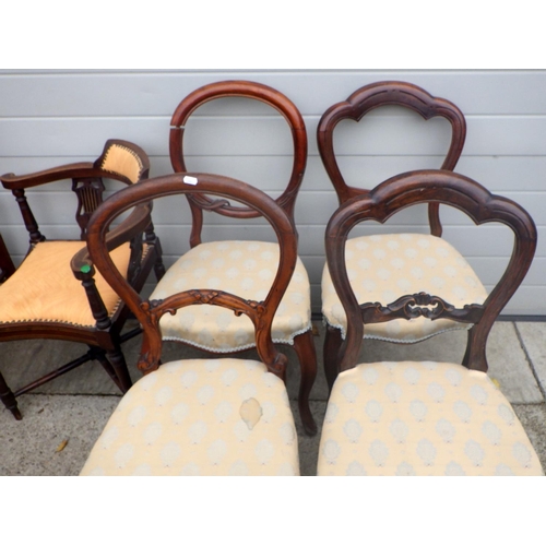 600 - An Edwardian corner chair, pair of caned bedroom chairs, four Victorian salon chairs (a/f)