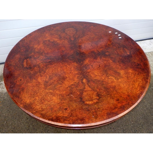 665 - A Victorian burr walnut breakfast table, 132cm across, missing one castor, ex Nun Appleton Hall Esta... 