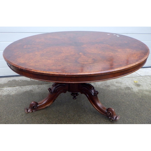 665 - A Victorian burr walnut breakfast table, 132cm across, missing one castor, ex Nun Appleton Hall Esta... 