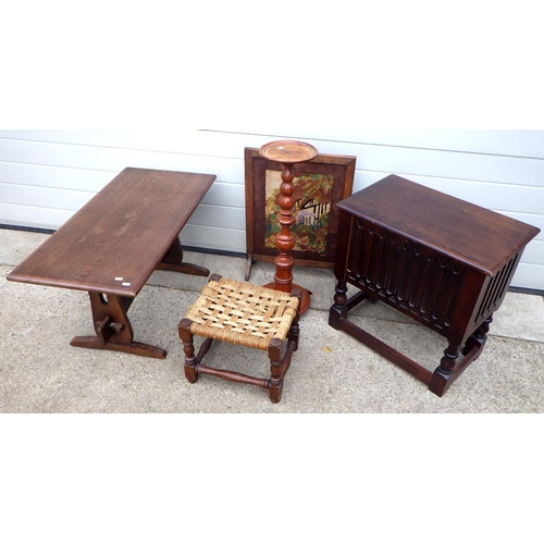 715 - A sewing box, missing interior, coffee table, teak pedestal, by repute made from a Whitby shipwreck,... 