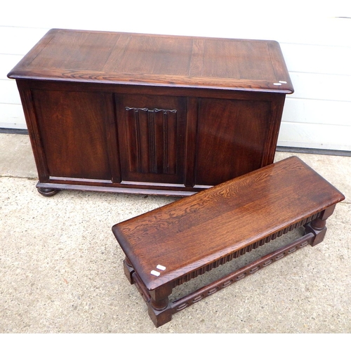 717 - A linenfold panelled oak/ply blanket box together with a long stool (2)