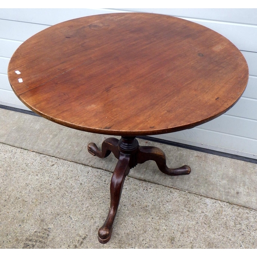 723 - A 19th cen mahogany tripod table, top split & repaired, new catch, 92cm across