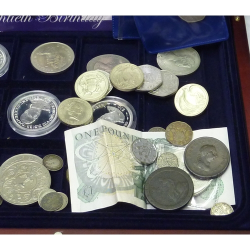 406 - A Victorian silver swimming medal on a white metal chain, 42mm across / medal 22gr; coins incl a Geo... 