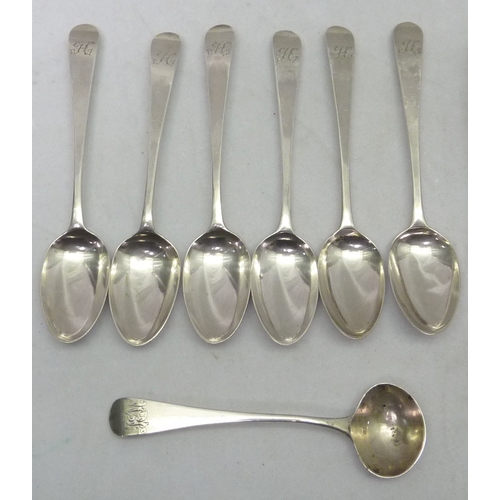 413 - Six matching George III silver old english pattern teaspoons, London 1783, 116mm; two George III sil... 