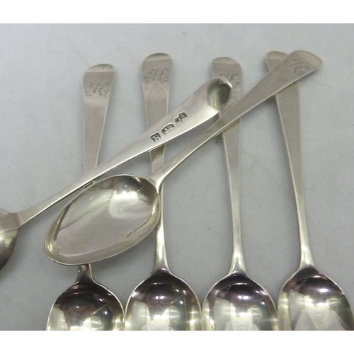 413 - Six matching George III silver old english pattern teaspoons, London 1783, 116mm; two George III sil... 