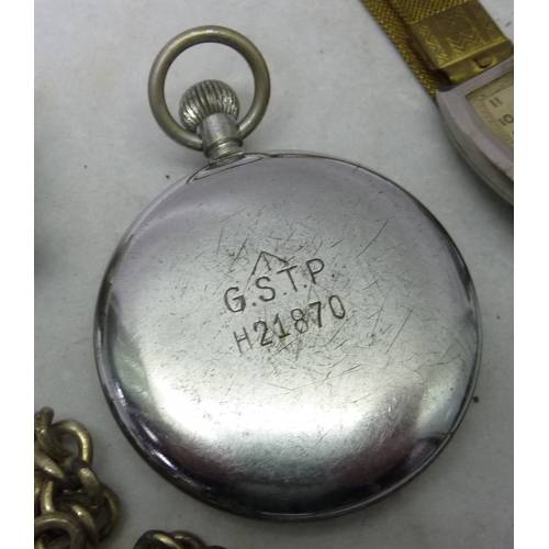 431 - A Zenith silver cased pocket watch, a/f; another silver cased pocket watch; silver watch chains; a C... 