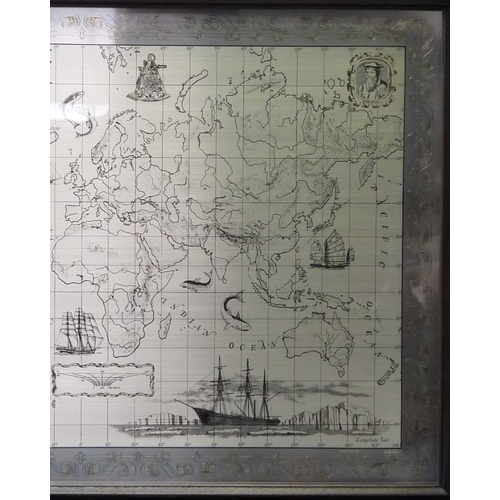 443 - The Royal Geographical Society Silver Map, comprising an engraved hallmarked silver plate in a woode... 