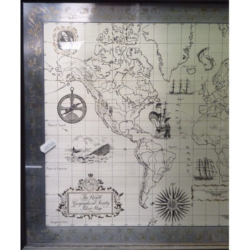 443 - The Royal Geographical Society Silver Map, comprising an engraved hallmarked silver plate in a woode... 