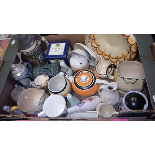 496 - Two boxes of various ceramics to include Myott, Radford, Crown Devon etc (2)