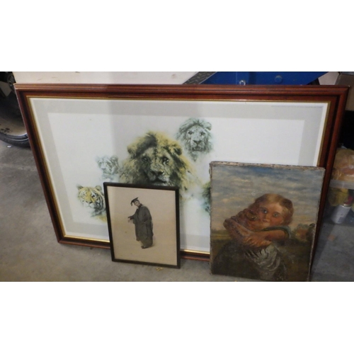 859 - A large David Shepherd print together with oil on canvas portrait of a girl and a print of a lawyer ... 