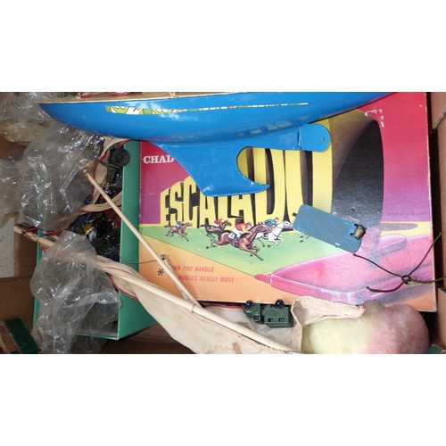 16 - A group of misc toys to include Action Man, accessories, metal pond yacht, Chad Valley Escalado game... 