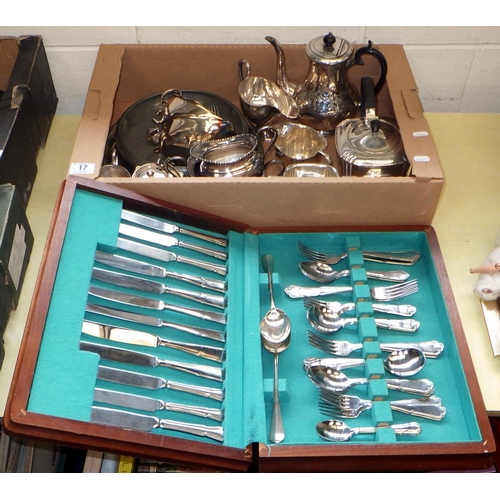 17 - A 3 Piece silver plated tea set together with further silver plate, pewter, canteen etc (2)