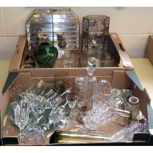 20 - Two boxes misc glass wares to include three miniature display cabinets and contents (2)