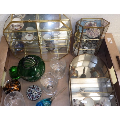 20 - Two boxes misc glass wares to include three miniature display cabinets and contents (2)