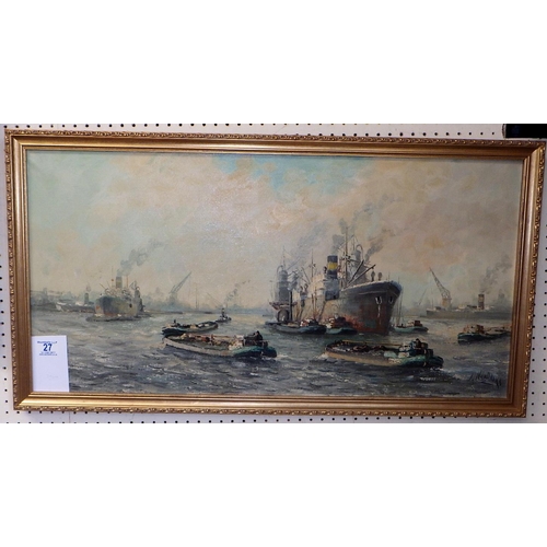 27 - J Hendriks marine view with steamer oil on canvas 85 x 45cm inc frame