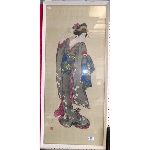 28 - A framed oriental print together with French Fashion Ladies Treasury prints (5)