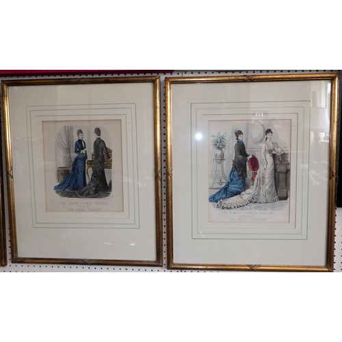 28 - A framed oriental print together with French Fashion Ladies Treasury prints (5)