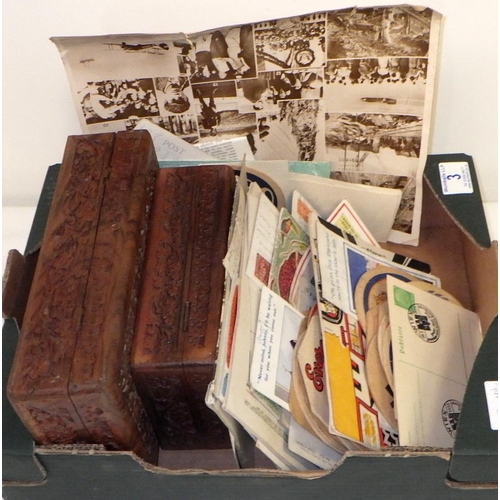 3 - Ephemera including post cards; two carved wooden boxes etc