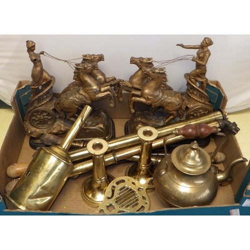 34 - Various brass garden sprayers, candle sticks, spelter figures etc af