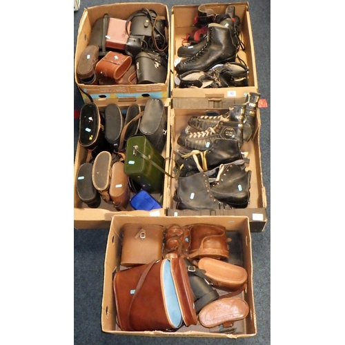 40 - Three boxes of empty binocular cases together with two boxes of vintage ice skates (5)