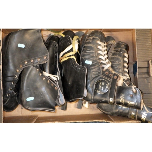 40 - Three boxes of empty binocular cases together with two boxes of vintage ice skates (5)
