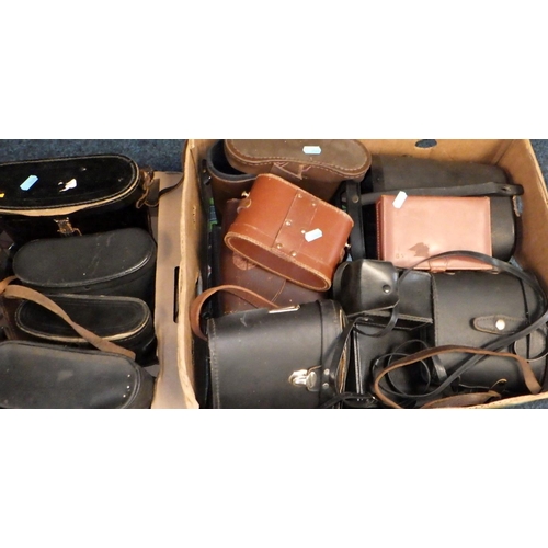 40 - Three boxes of empty binocular cases together with two boxes of vintage ice skates (5)