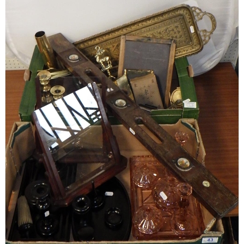 43 - An ebony dressing table set together with a pressed glass set, misc metal wares to include brass can... 
