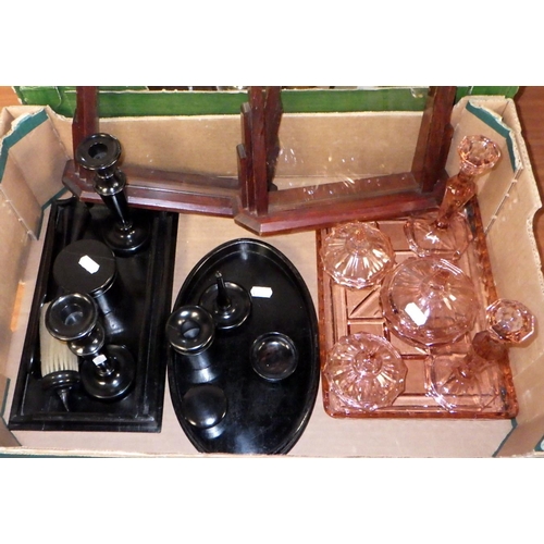 43 - An ebony dressing table set together with a pressed glass set, misc metal wares to include brass can... 