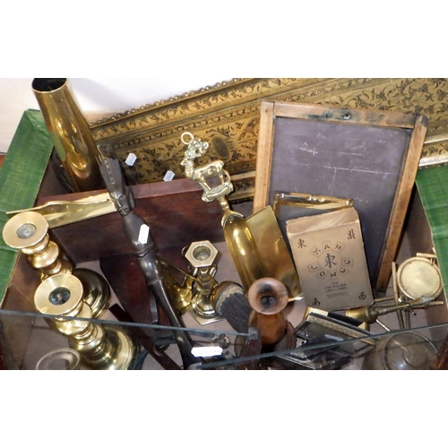 43 - An ebony dressing table set together with a pressed glass set, misc metal wares to include brass can... 