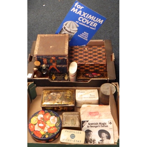 49 - Two boxes of misc vintage tins and advertising (2)