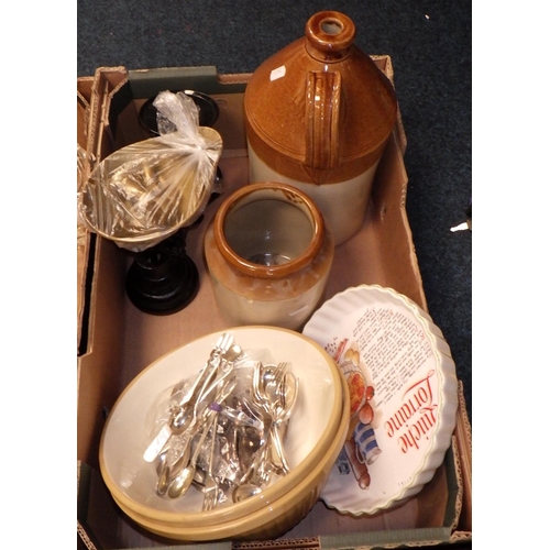 119 - A set of cast kitchen scales and weights together with earthen ware flagon, mixing bowls, Epns flat ... 