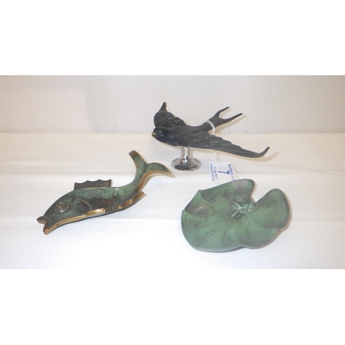 7 - A cast metal bird figure together with a small cast M. Le Verrier frog on a lily pad and a R.P. Le V... 